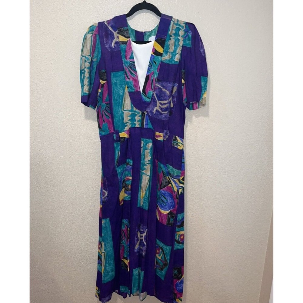 VTG 80’s Periwinkle Floral Tropical Print Dress Pockets Size 14 NO BELT Made USA